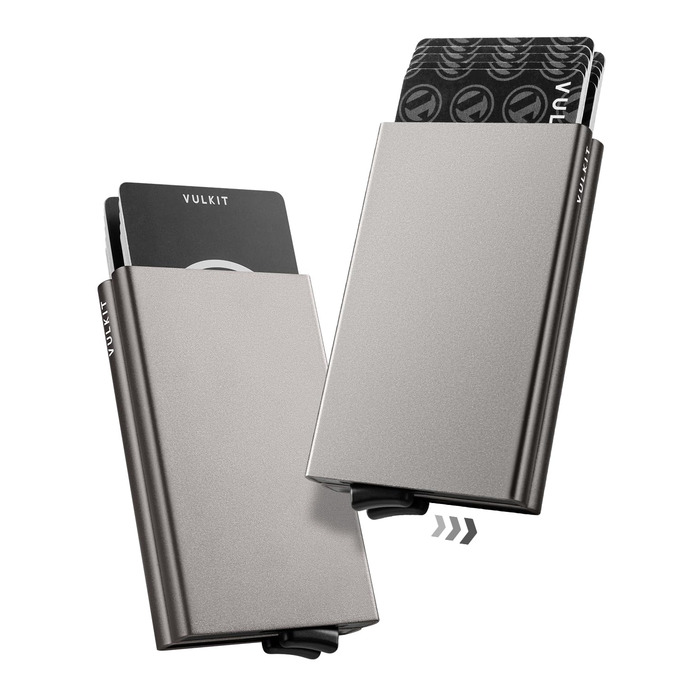 Металеве картхолдер VULKIT з RFID NFC захистом для чоловіків. Містить 10 карт. Колір: нікелево-сірий