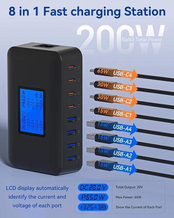 Зарядний пристрій USB C 200W, 8 портів, PD 65W з LCD дисплеєм для MacBook, iPad, iPhone 16/15/14/13 Pro/Max, Samsung S24/S23 – Чорний