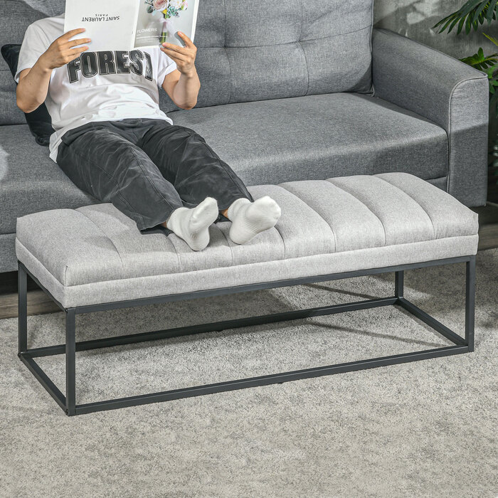 HOMCOM Bench with Linen Look Upholstered Bench for Bedroom, Bed Bench, Dressing Bench up to 200 kg, Steel, Light Grey, 120x44x45.5 cm