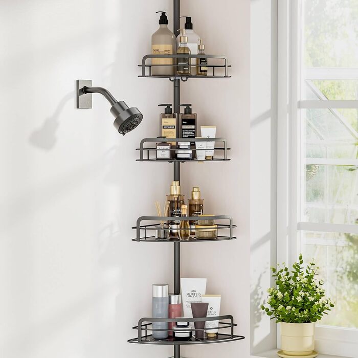 Тeleskopна поличка для душу Uamector - кутова поличка з 4 кошиками, регульована висота 107-306 см, чорний колір