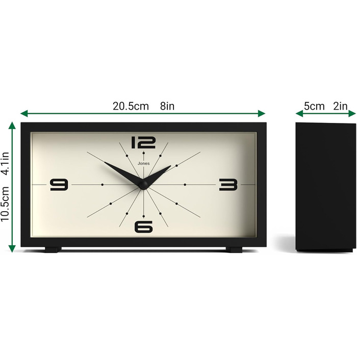 JONES CLOCKS® Desk Clock 'Odeon' – modern rectangular design in black, stylish retro look for shelf, table, mantelpiece or bedside table