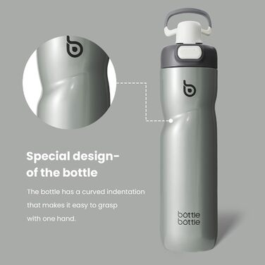 BOTTLE BOTTLE Insulated Water Bottle, 680 ml, with Handle and Flip-Top Lid, Bicycle Water Bottle, Push-Button Lid, Leak-Proof, Portable, for Travel, Sports, Riding, Green (Gray)