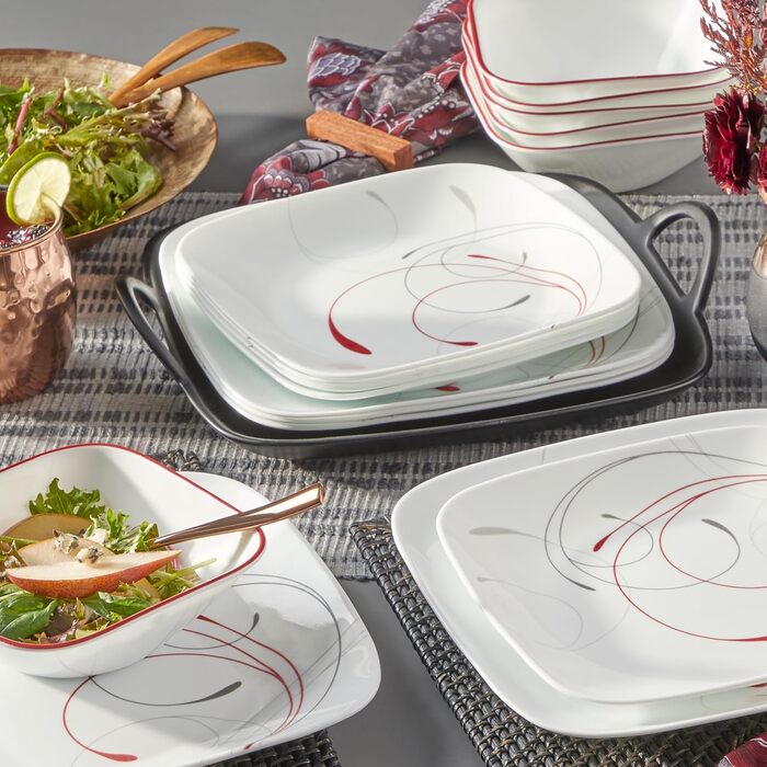 Corelle Tafelservice 18-teilний, чорно-білий для 6 осіб, Splendor, розбивається неможливо, з квадратними тарілками