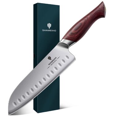 Ніж Santoku SANMEIHO Profi 18 см, японська сталь 10Cr15Mov, кухонний ніж для м'яса, риби та овочів з дерев'яною ручкою Пака