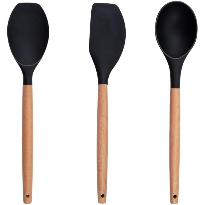 Набір кухонних аксесуарів Alpina 7 предметів з поворотним підставкою – кухонні інструменти, силіконовий набір посуду для приготування їжі (чорний)