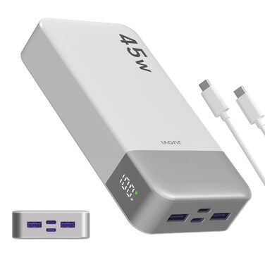 Power Bank JUOVI 20000mAh 45W з LED дисплеєм, швидка зарядка USB-C для MacBook, iPhone 15/14/13 Pro, Samsung S24/S23 (Білий)