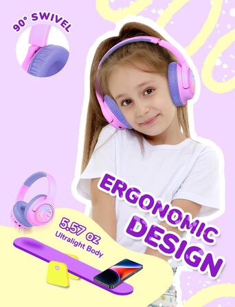 iClever Бездротові навушники для дітей з LED-підсвіткою, обмеження гучності 74/85 дБ, 43 години роботи, стереозвук, Type-C, AUX-кабель, Bluetooth 5.3, для планшетів/подорожей, рожево-фіолетові