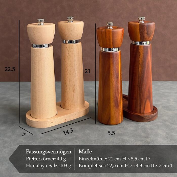 Набір для солі та перцю з дерева – 2 шт. Механічні млини для солі та перцю з регульованою керамічною жорновою системою, з акціїї, висота 21 см