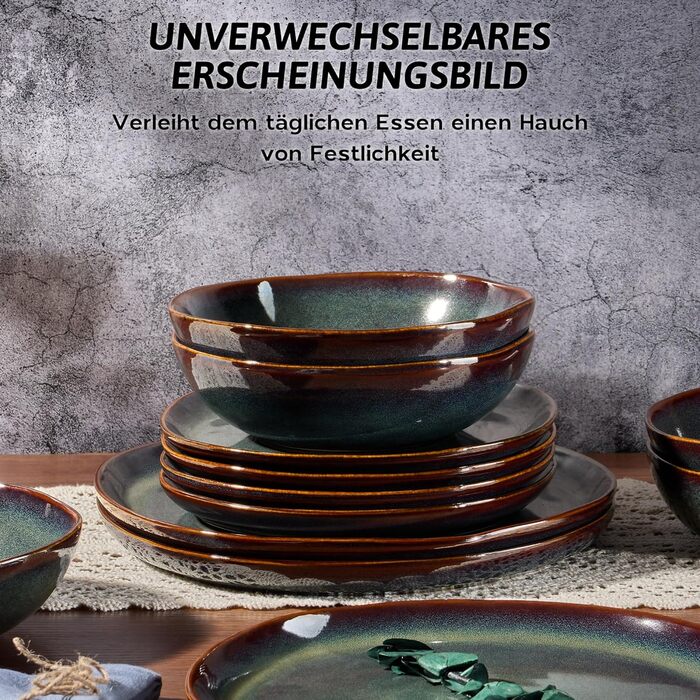 Сервіз Joyfair на 6 осіб, 18 предметів, кераміка, набір посуду, тарілки для їжі, десертні тарілки, миски для каші, сумісний з мікрохвильовою піччю та посудомийною машиною, колір Тандра Грін