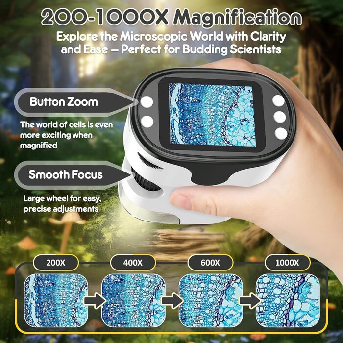 Дитячий цифровий мікроскоп 1000X Handy з 4K екраном 2.0', USB, для дітей 4-12 років, набір для науки, з предметними скельцями