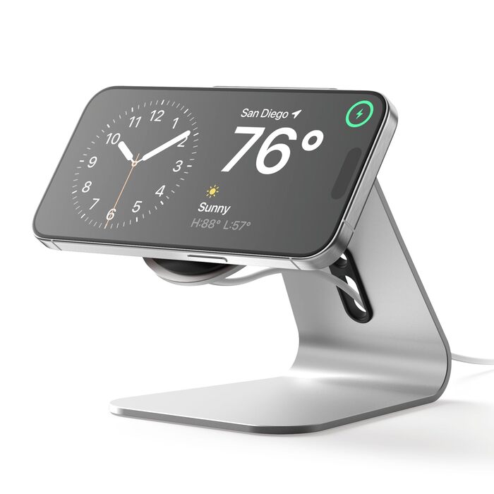 Підставка для зарядки MagSafe Elago MS4 з алюмінію, сумісна з iPhone 17/16/15/14/13/12, підтримка Standby (iOS 17) [Зарядний пристрій не входить] (Срібло)