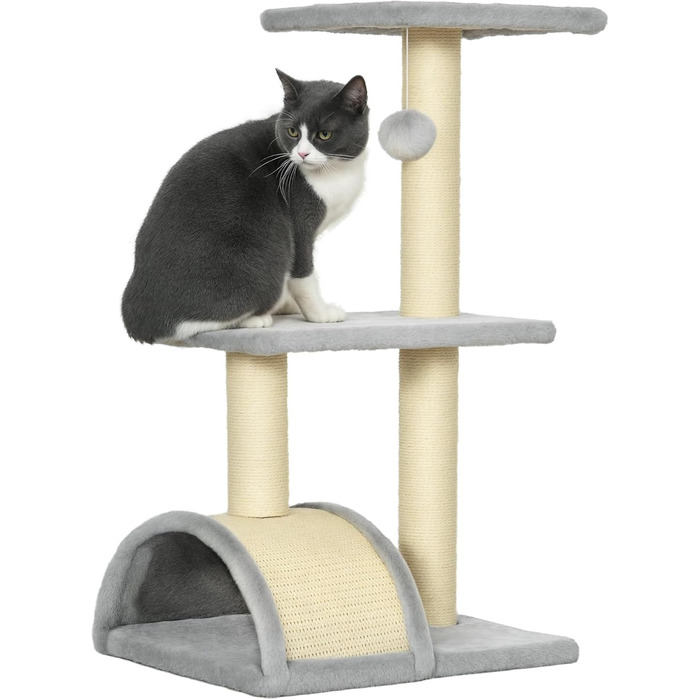 Котячий будиночок PawHut: невеликий когтетоп з 2 рівнями, іграшкою та будиночком, сірий, 40x35x72 см