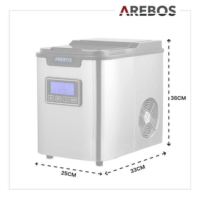 Машина для приготування льоду Arebos | 12 кг/24 год | Швидке виробництво (10-15 хв) | 3 розміри кубиків | 2.2 л резервуар | Таймер, LCD дисплей, самоочищення