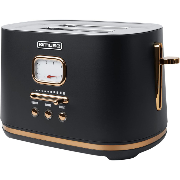 Muse stainless steel toaster in black retro design, analog display, illuminated buttons, 6 browning levels, 2-slice, MS-130 BC, vintage look, with crumb tray