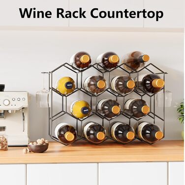 Urban Deco Wine Rack for 14 Bottles made of Metal, Bottle Rack Black with 2 Hooks for 2 Wine Glasses, Small Wine Rack for Kitchen, 43 x 13.6 x 31 cm