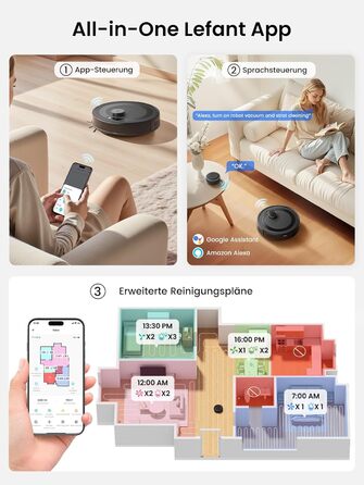 Робот-пилосос LEFANT M2 Pro з потужністю 6000 Pa, автоматичною витяжкою сміття, лазерною навігацією та картографією, індивідуальним прибиранням, уникненням перешкод PSD, ідеальний для видалення шерсті тварин, білий (M2Plus)