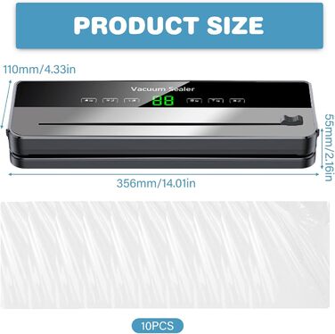 Вакуумний пакувальник харчових продуктів 5-в-1 з 10 пакетами 20x30 см, 65Kpa, знімний прилад для запаювання фольги, LED-дисплей та різак для сухих та вологих продуктів (сірий)