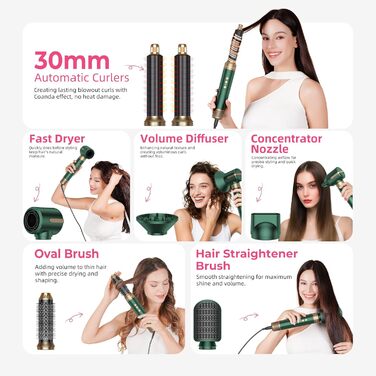 Atopskins Hairstyler: Фен-щітка 7-в-1 для створення зачісок, 110000 RPM, з іонізацією, дифузором, локонами, об'ємом, випрямленням, для волосся, зелений