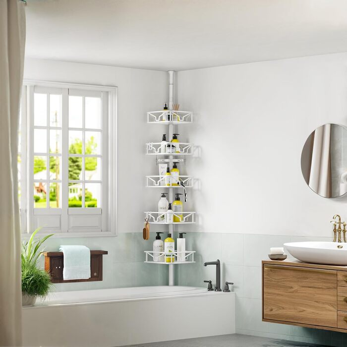 Кутовий телескопічний поличний органайзер для душу Bomclap з 5 кошиками, металевий, регульована висота 106-287 см, для ванни та душу, без свердління, білий