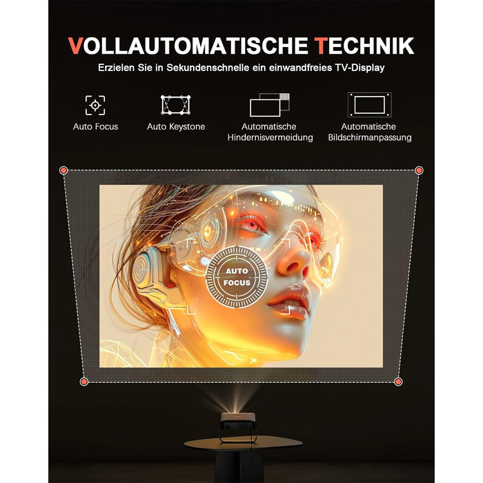 Проектор VOPLLS Mini Beamer 1080P Full HD 4K з автофокусом, корекцією трапецеїдальних спотворень, WiFi6, Bluetooth, 23000 люмен, 360° обертання, для домашнього кінотеатру та мобільних пристроїв