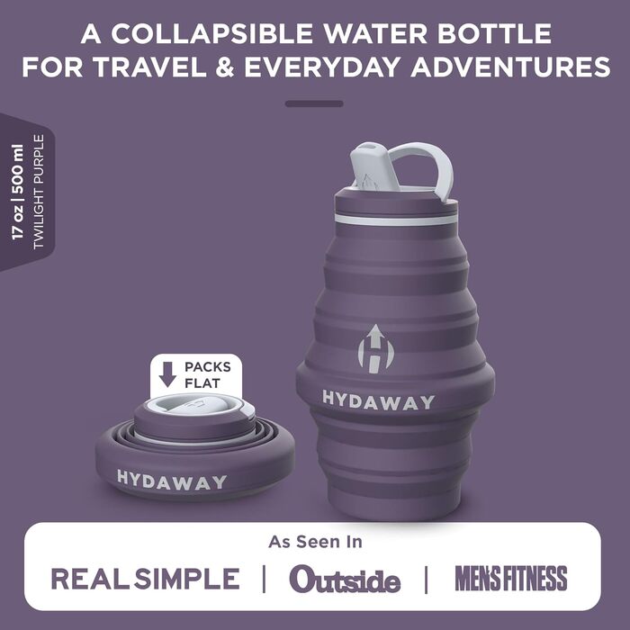 HYDAWAY | Collapsible Water Bottle with Spout Lid | Ultra-Packable and Travel-Friendly | Made of Food-Grade Silicone | 500 ml (Twilight)