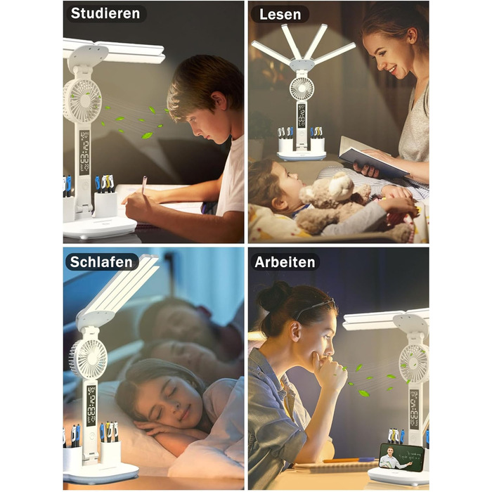 LED-лампа настільна з вентилятором для дітей WLHONG з годинником, тримачем для ручок, календарем та датчиком температури, 3 режими кольору, регульована яскравість, ідеальна для читання