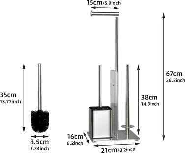 Stainless Steel Toilet Paper Holder Stand with WC Brush - Free Standing Toilet Brush and Toilet Paper Roll Holder with Glass Shelf (Silver)