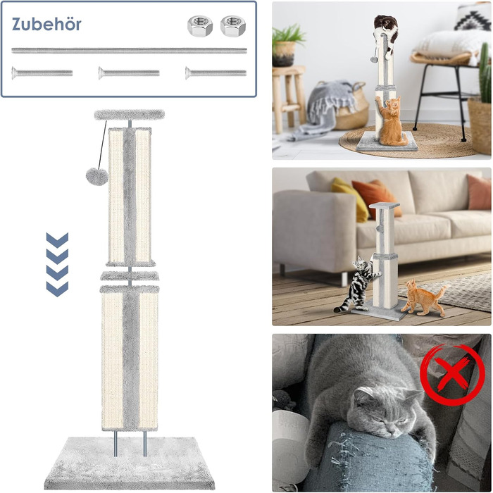 Zonema Kratzbaum-Kratzstamm Scratching Post with 80 cm Scratching Column for Small and Large Cats, Sisal Rope Cat Scratching Post with 1 Interactive Ball, Scratching Post Cat Furniture, for Indoor Activity, Play (79cm Scratching Post, Grey)