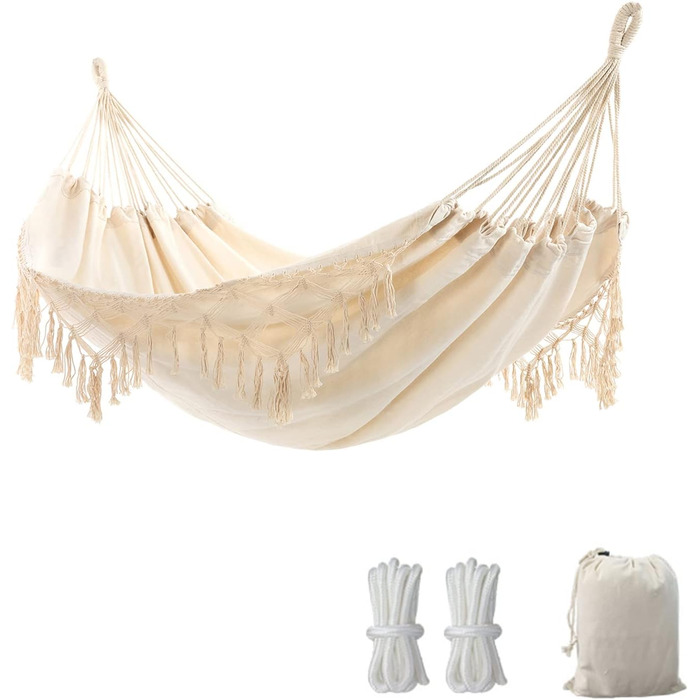 Гамак Boho для двох осіб, до 204 кг, з чохлом, бежевий, для саду, патіо, дому, вуличний
