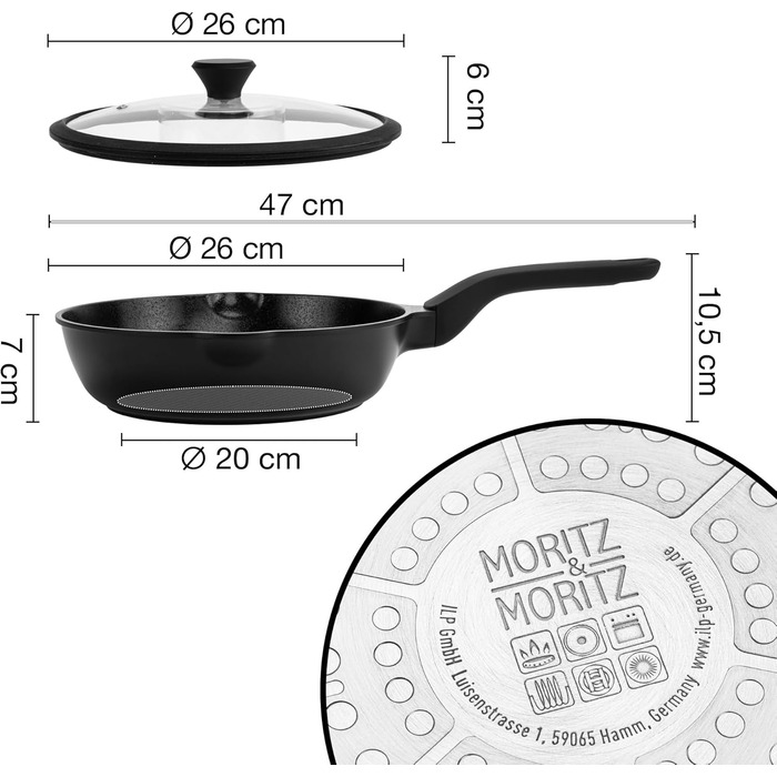 Сковорода Moritz & Moritz 26 см з кришкою, чорна, з антипригарним покриттям та Soft-Touch ручкою - для смаження, тушкування та приготування на пару. Підходить для всіх типів плит.