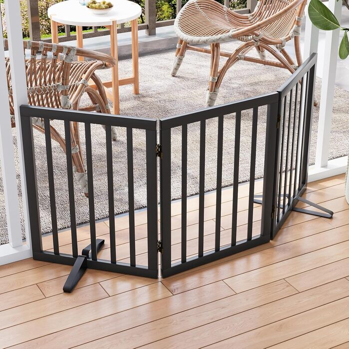 Набір з 3 частин: перегородка для собак з бамбука Semiocthome, 140 см, чорна. Перегородка для собак, для дому, для треп, розширювана, з металевими стійками, 61 см у висоту