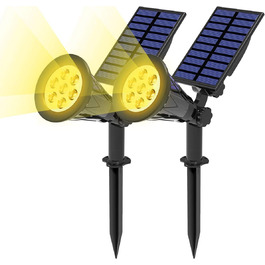 T-SUN LED Solar Spotlights, 2 Pack 4 LED Solar Garden Lights, Bright Garden Light, 2 Lighting Modes, Security Lighting, Large Outdoor Light for Lawn, Paths, Terrace (Cool White 6000K) (7led-warmwhite, 2 Pieces)