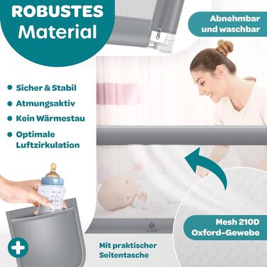 Захист для ліжка KESSER® 200 см: сітка для дитячого ліжка, захист від падіння, складна, сіра, з сумкою