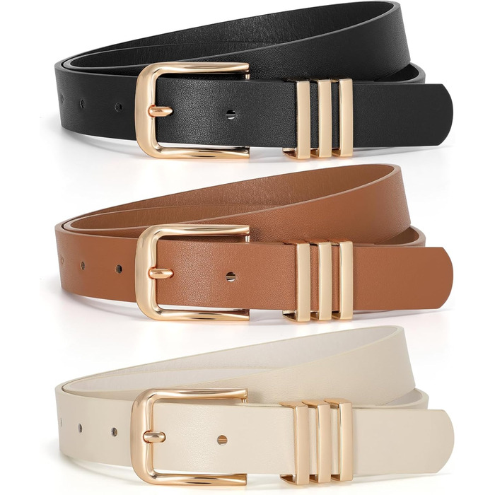 Жіночі шкіряні ремені JasGood (3 шт.): чорний, коричневий, бежевий (з золотою пряжкою), 110 см, для розміру 78-92 см