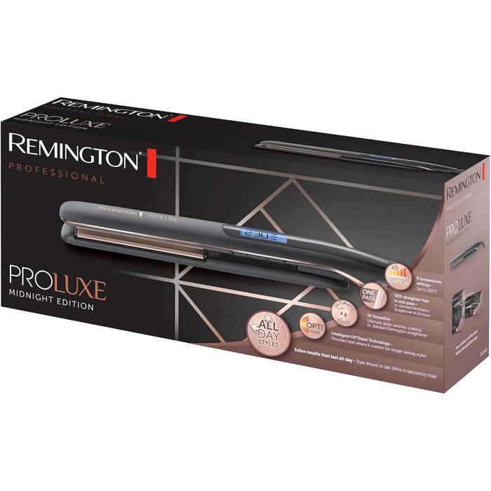 Випрямляч для волосся Remington Proluxe S9150B: широкі керамічні пластини, технологія OPTIheat, цифровий дисплей