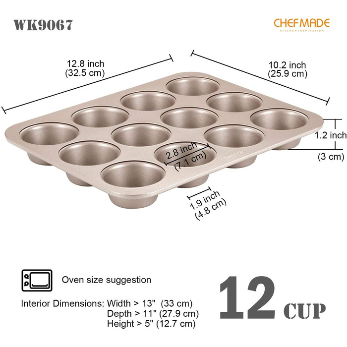 CHEFMADE Muffin Cake Pan, 12-Cavity Non-Stick Cupcake Pan Baking Mold for Oven Baking (Champagne Gold)