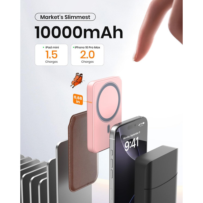 Power Bank A ADDTOP 10000mAh з PD 20W, USB-C, бездротова зарядка та LED дисплеєм (Рожевий)
