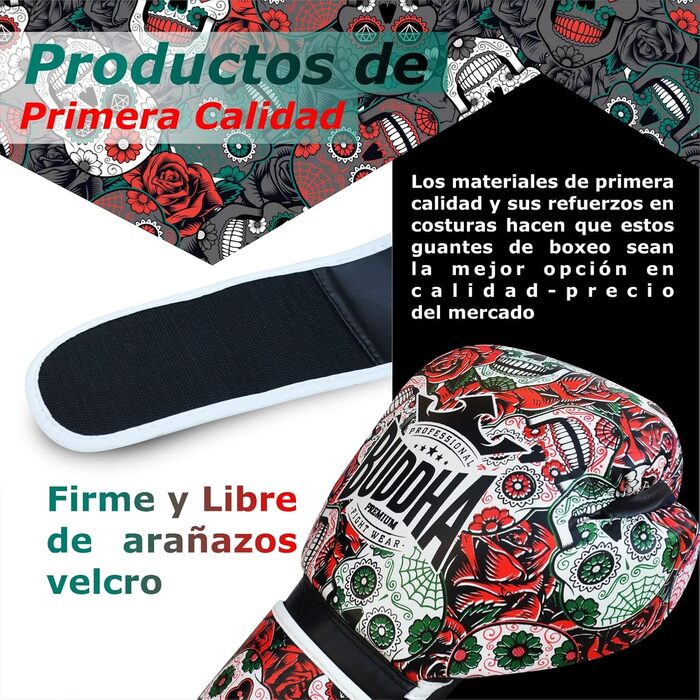 BUDDHA FIGHT WEAR Luzbel Boxing Gloves - Muay Thai & Kickboxing - Red 12oz Leather Interior - Reinforced Stitching - Multiple Designs
