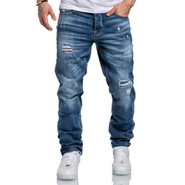 Чоловічі джинси Amaci&Sons Regular Straight Fit Denim 7984, світло-блакитні з потертостями та латками, розмір 36W/32L