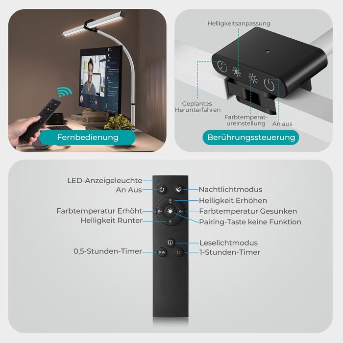 LED лампа для столу Doppelkopf з регулюванням яскравості 24W, 80см, для офісу та дому, з захистом очей, денне світло, з пультом керування, 5 кольорів, 5 рівнів яскравості