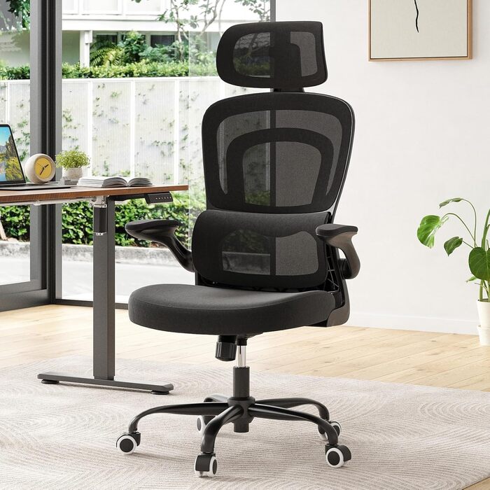 Ергономічне крісло для офісу Farini: регульована підголовник, з підлокітниками, для роботи та геймінгу, чорний колір