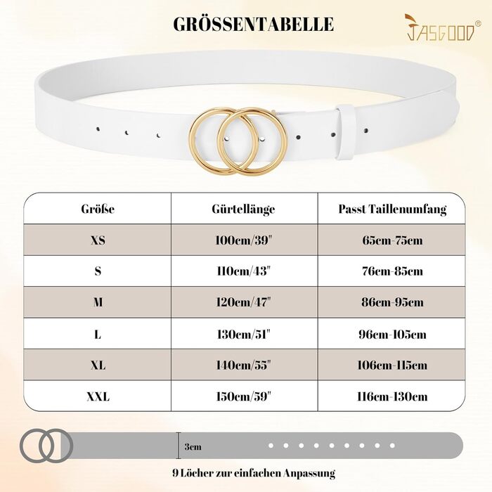 Жіночий шкіряний ремінь JasGood з подвійною кільцевою пряжкою для джинсів, штанів та суконь (3 кольори, L: 130 см, обхват талії 96-105 см)