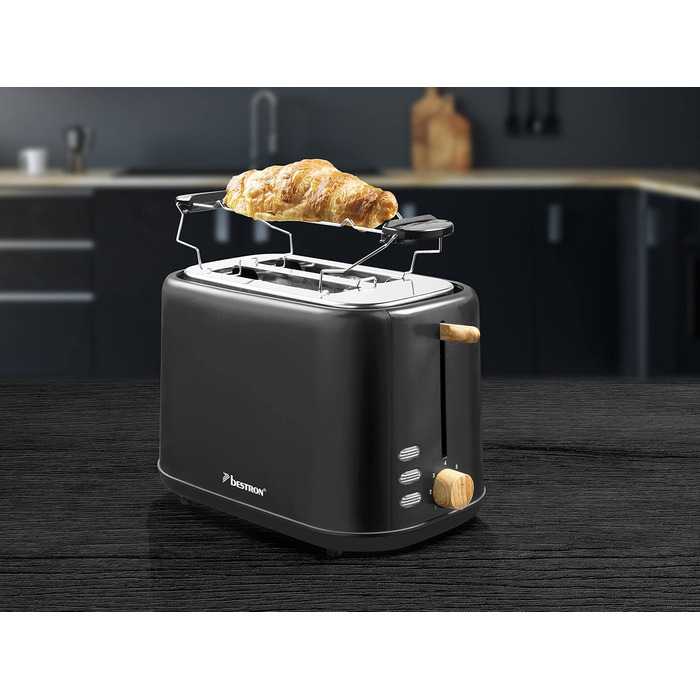 Тостер Bestron Satin Collection: 2 камери, 7 рівнів підсмажування, крихтозбірник, підставка для тостів, 1000 Вт, чорний/дерево