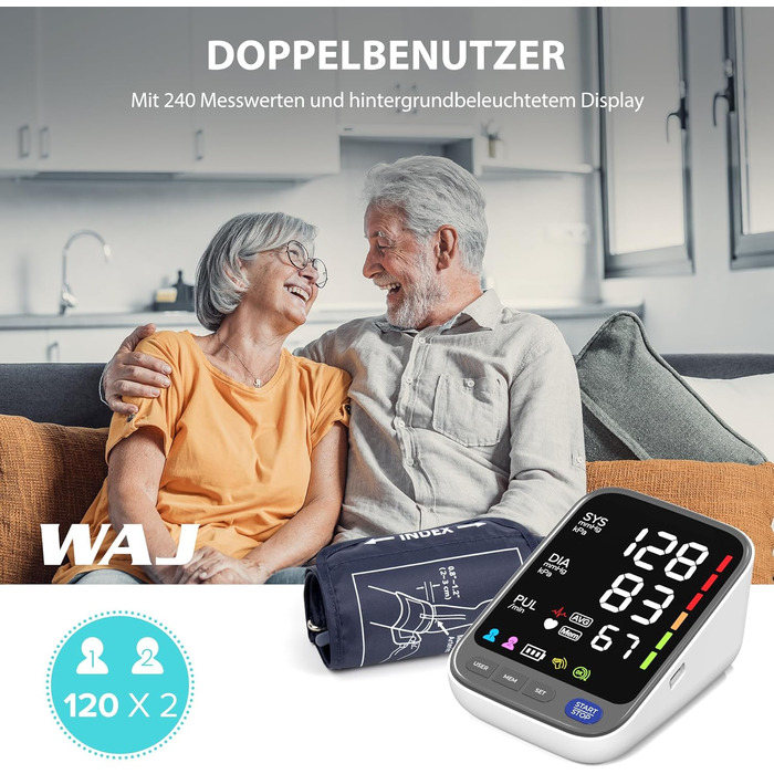 Тонометр WAJ для вимірювання артеріального тиску на плечі з великою манжетою (22-42 см) | LED-дисплей 6,4 дюйма | Виявлення аритмії | 2×120 місць пам'яті | Вимірювання пульсу | Білий