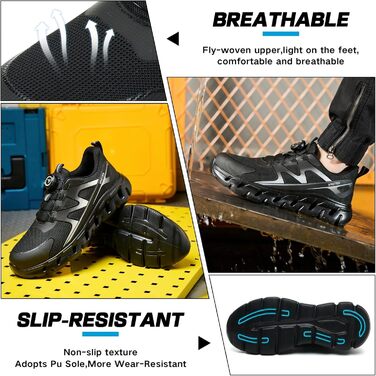 Черевики безпеки унісекс, легкі, спортивні, дихаючі, шнурки/крутильний замок, сталевий підносок, антиковзаючі, 43 EU, чорні