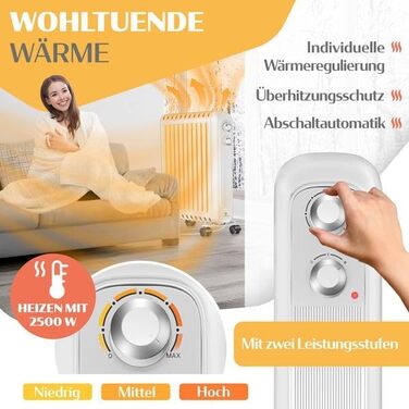 Масляний радіатор KESSER® 2500W з термостатом | Електричний обігрівач, 3 режими нагріву, білий