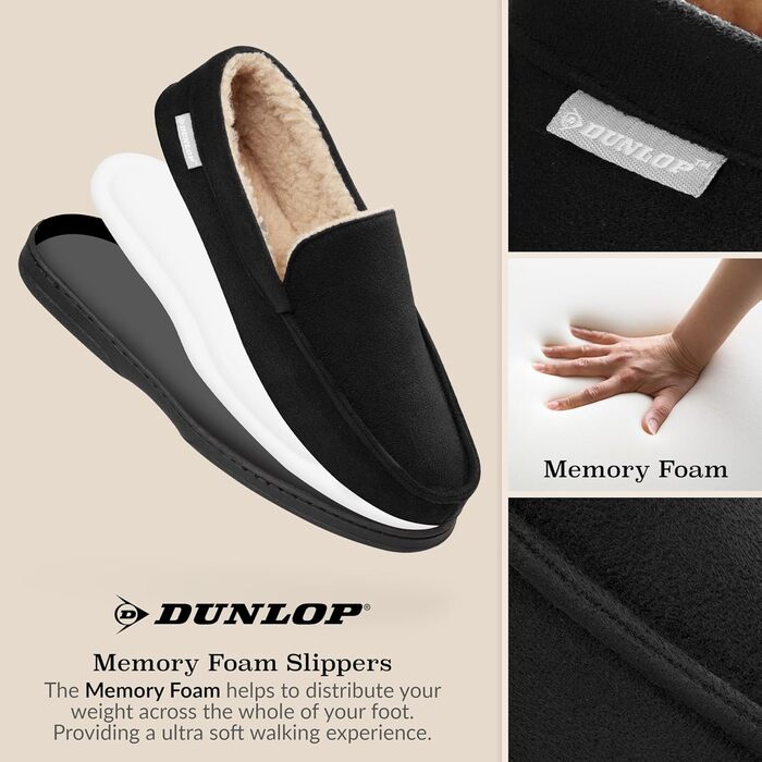 Чоловічі домашні тапочки-мокасини Dunlop з піною Memory Foam та флісовою підкладкою, антиковзкі, розмір 41-46 (43 EU), чорні