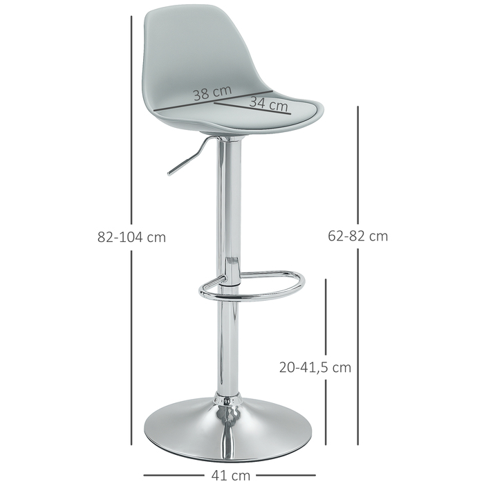 HOMCOM Set of 2 Bar Stools, Upholstered Bar Chair with Steel Frame, Backrest, Height Adjustable Kitchen Stools with Footrest 360° Swivel Counter Stools for Kitchen, Living Room, Dining Room, Faux Leather Grey | Aosom