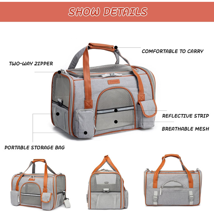 Транспортна переноска для котів та собак PETCUTE, сірого кольору, знімний килимок, дихаюча, з регульованим ременем, схвалена авіакомпаніями