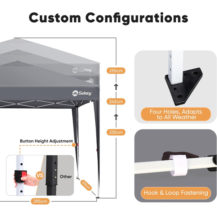 Sekey One-Touch Pop-Up Pavilion 3x3 Waterproof Stable Winter-Proof, Folding Pavilion 3x3m with Thickened Tubes, Party Tent Pavilion Foldable for Camping Festival Party, Grey